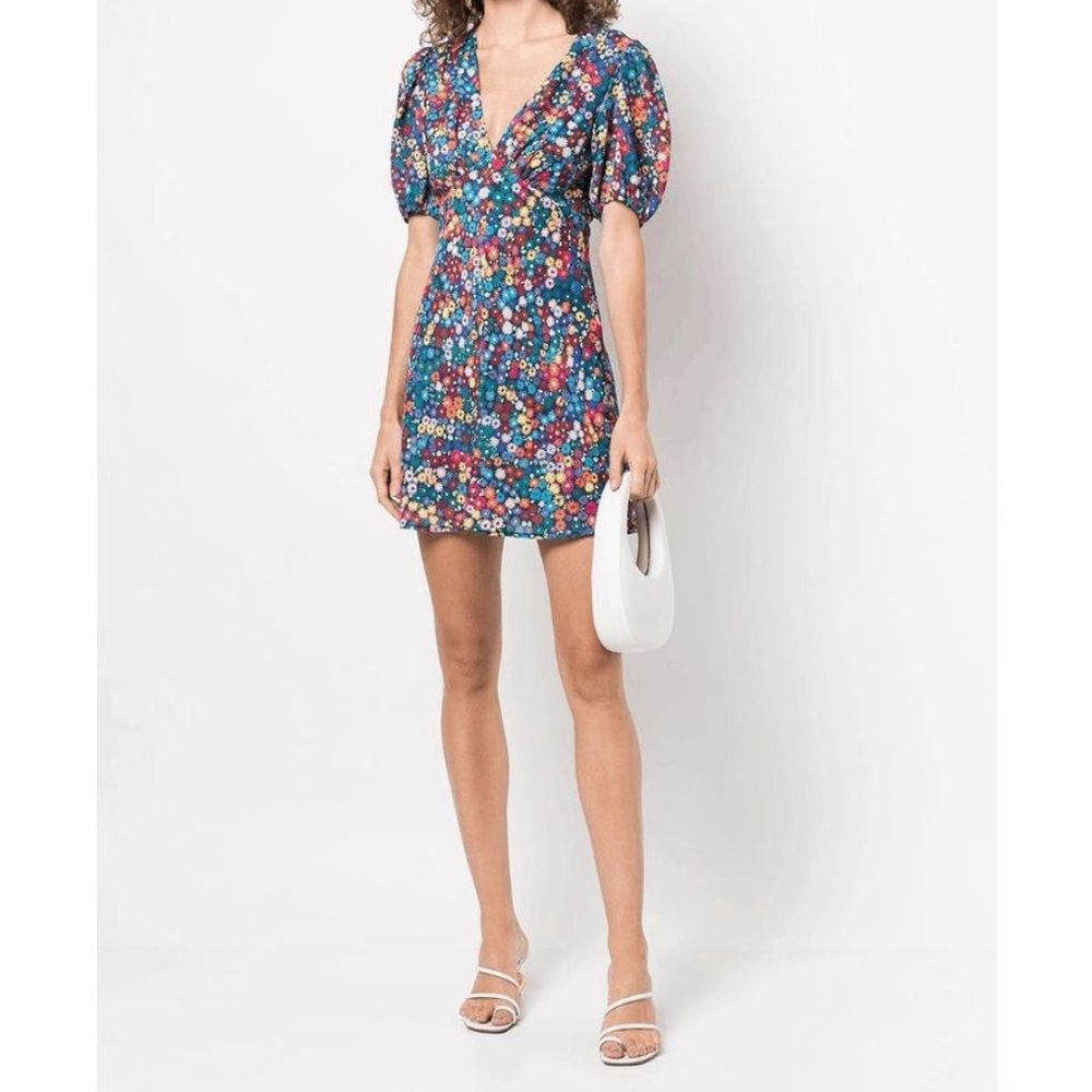 Staud Milla Floral Mini Dress Short Puff Sleeve V Neck Size 0